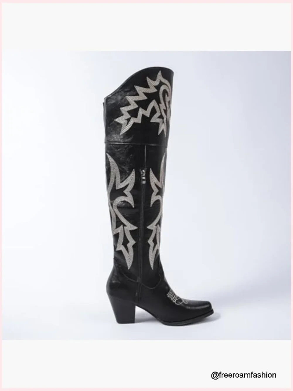 Over-the-Knee Square Toe Embroidered PU Leather Boots with Chunky Heel & Side
